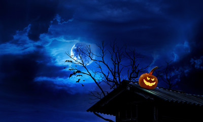 Fototapeta na wymiar Halloween design with pumpkins . Mixed media