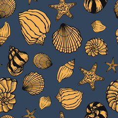 Seamless pattern with seashells and starfishes. Marine background.  Hand drawn vector illustration in sketch style. Perfect for greetings, invitations, coloring books, textile, wedding and web design.