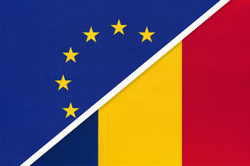 European Union or EU and Chad national flag from textile. Symbol of the Council of Europe association.