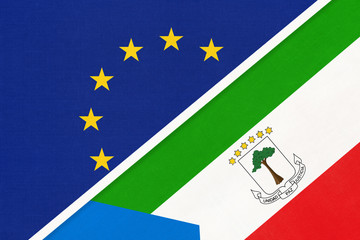 European Union or EU and Equatorial Guinea national flag from textile. Symbol of the Council of Europe association.