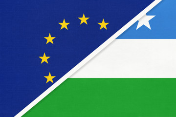 European Union or EU and Puntland national flag from textile. Symbol of the Council of Europe association.