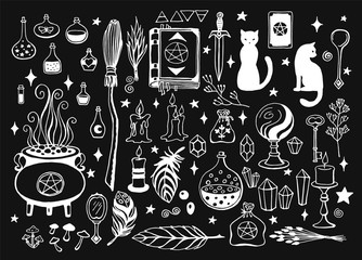 Witchcraft, magic background for witches and wizards. Vector vintage collection. Hand drawn magic tools, concept of witchcraft. Drawn magic tools: book, candles, potions, broom, crystals, cauldron.