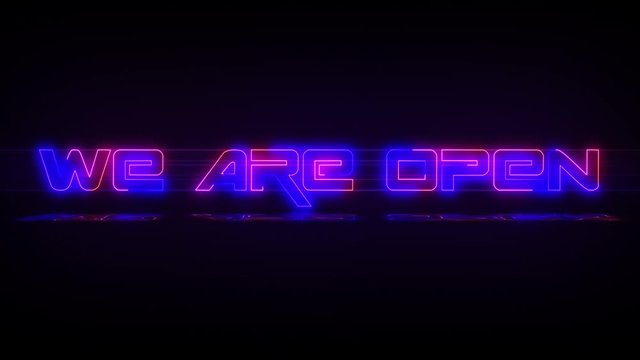 Flashing WE ARE OPEN electric blue and pink Neon Sign flashing on and off with flicker, reflection, and anamorphic lights in 4k.