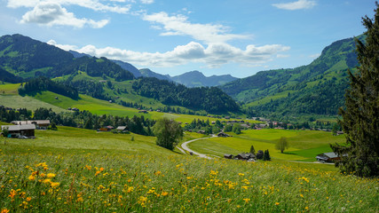 Beautiful view of the landscapes surrounding Chateau d'Oex, in the countryside of Switzerland, 24 May 2020. 