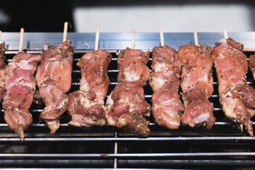 Pork on stick on a gas grill stove
