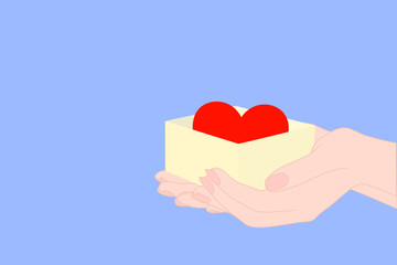 Fototapeta na wymiar hand is holding the yellow gift box that has the red heart inside. Encourage other person. Giving brave. charity or donate to children or poor person. hospital, medical concept. Valentine day. 
