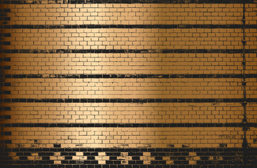 Distressed overlay texture of old golden bronze brick wall, grunge background.