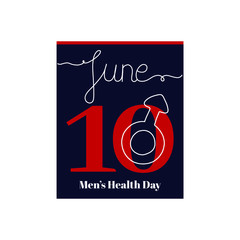 Calendar sheet, vector illustration on the theme of Men’s Health Week Day. June 10. Decorated with a handwritten inscription – JUNE and stylized linear Men’s symbole.
