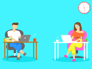 Work from home, Home office, study from home concept. Man and Woman wear glasses siting on chair and working on laptop.