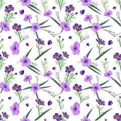 Floral seamless pattern in small-scale flowers. Mexican petunia or Ruellia simplex. Shabby chic millefleurs. For textile or book covers, manufacturing, wallpapers, print, gift wrap