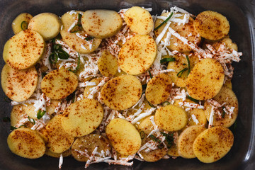 plant-based food, vegan scalloped potato bake with dairy-free cheese and soy milk