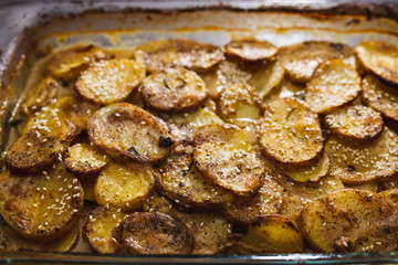 plant-based food, vegan scalloped potato bake with dairy-free cheese and soy milk