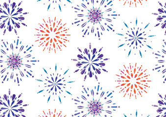 花火　夜空　夏の風物詩　シームレスの和柄　白