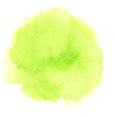 Yellow green watercolor painted in circle shape on a white rough watercolor paper.