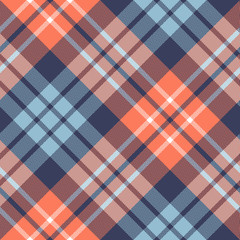 Tartan Scotland plaid pattern. Seamless diagonal herringbone check plaid in blue, orange, white for scarf, flannel shirt, blanket, throw, duvet cover, or other modern winter fabric design.