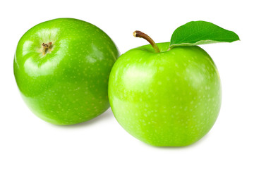 green apples with green leaves isolated on white background
