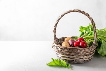 fresh garden vegetables in a basket on a light background, place for text