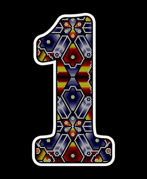 number 1 with colorful dots. Abstract design inspired in mexican huichol beaded art style. Isolated on black background