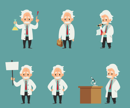 Set of scientist or professor at work characters flat vector illustration isolated.