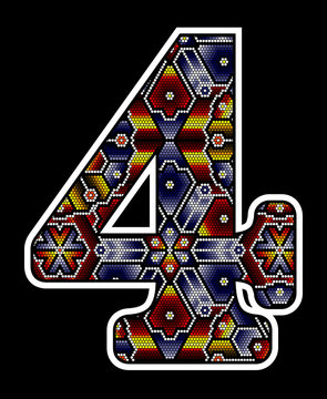 number 4 with colorful dots. Abstract design inspired in mexican huichol beaded art style. Isolated on black background