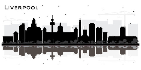 Liverpool City Skyline Silhouette with Black Buildings and Reflections Isolated on White.
