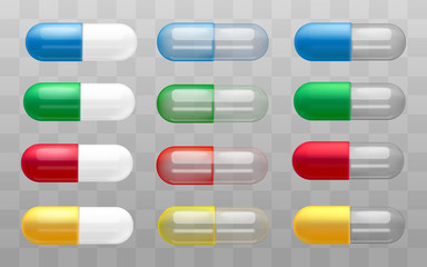 Set of medical capsules and health pills on transparent background.