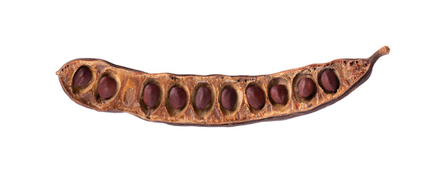 Ripe carob pods and bean isolated on white background.