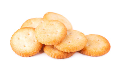 Stack round cracker isolated on white background. Dry cracker cookies isolated. Salty snacks isolated.