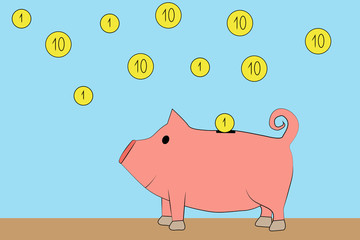 Illustration a funny piggy bank in which coins fall. Color illustration for children and books.