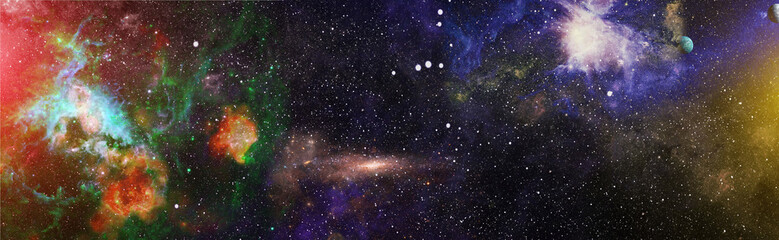 New large panoramic looking into deep space. Dark night sky full of stars. The nebula in outer...