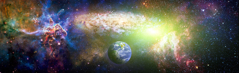 Earth in the outer space collage. View from the space . Planets of solar system. Cosmic dust. Outer...