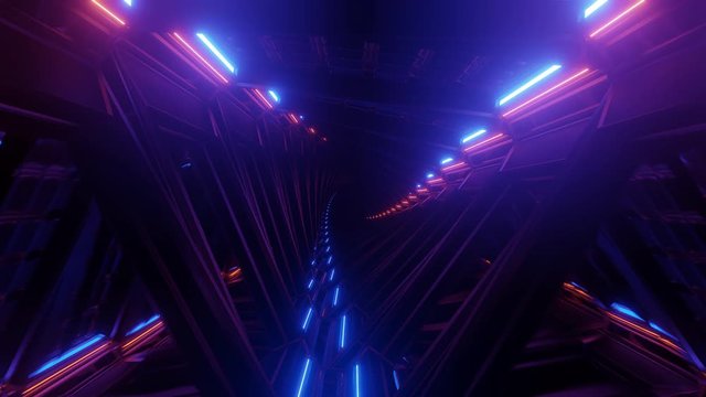 Fast moving inside twisted futuristic dark narrow tunnel with colorful bright neon purple, teal and pink lights, motion graphics sci fi