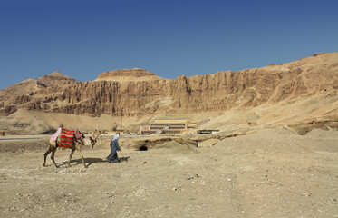 The famous temple of Pharaoh Hatshepsut in Egypt near the city of Luxor. It is a sunny day with...