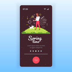young man walking with dog outdoors at park guy relaxing with pet spring time concept smartphone screen mobile app copy space full length vector illustration