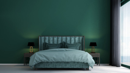Modern cozy green bedroom interior design and wall texture background pattern