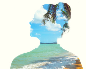 Double exposure with woman at sand tropical beach
