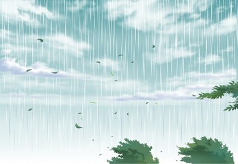  illustration of a Rainy Day. With strong wind and tree leaf beautiful background