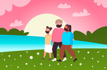 parents with daughter walking outdoors family wearing medical masks to prevent coronavirus pandemic covid-19 quarantine sunset landscape background horizontal full length vector illustration