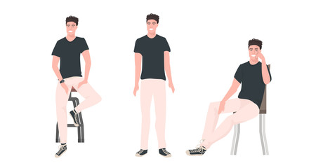 set young man in different poses male cartoon character collection full length horizontal vector illustration