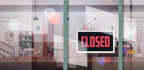 Fototapeta premium sorry we are closed sign hanging outside business office store shop or restaurant coronavirus pandemic quarantine bankruptcy commerce crisis concept horizontal vector illustration