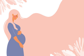 Modern banner about pregnancy and motherhood. Poster with a cute pregnant woman with long hair and place for text. Minimalistic design, flat cartoon vector illustration - obrazy, fototapety, plakaty