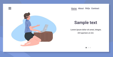 woman freelancer using laptop during coronavirus quarantine work from home freelance concept full length isolated horizontal copy space vector illustration