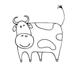 Stylized cow in a doodle style. Illustration of a funny cow. Farm animals.