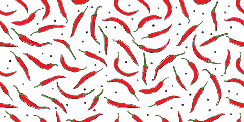 Chili peppers seamless pattern. Background for the design of the kitchen, for printing on fabric, paper. Vector hand drawing