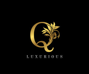 Classy Golden Q Letter Floral logo. Vintage drawn emblem for book design, weeding card, label, business card, Restaurant, Boutique, Hotel.
