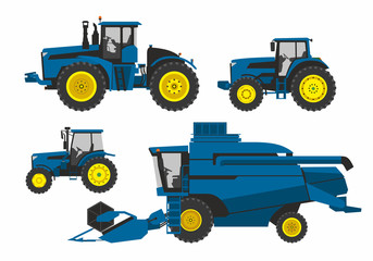 Set of various agricultural machinery. Tractors, harvester. Vector graphics