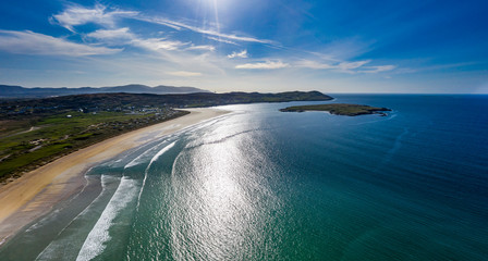 Aerial view of the awarded Narin Beach by Portnoo and Inishkeel Island in County Donegal, Ireland during the Coronavirus lockdown