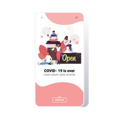 mix race people drinking coffee quarantine is ending coronavirus win victory over covid-19 virus smartphone screen mobile app full length vector illustration