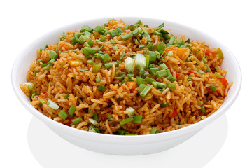 COOKED RICE WITH TOMATO on white background
