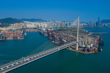  Top view of Hong Kong container terminal port and suspension bridge